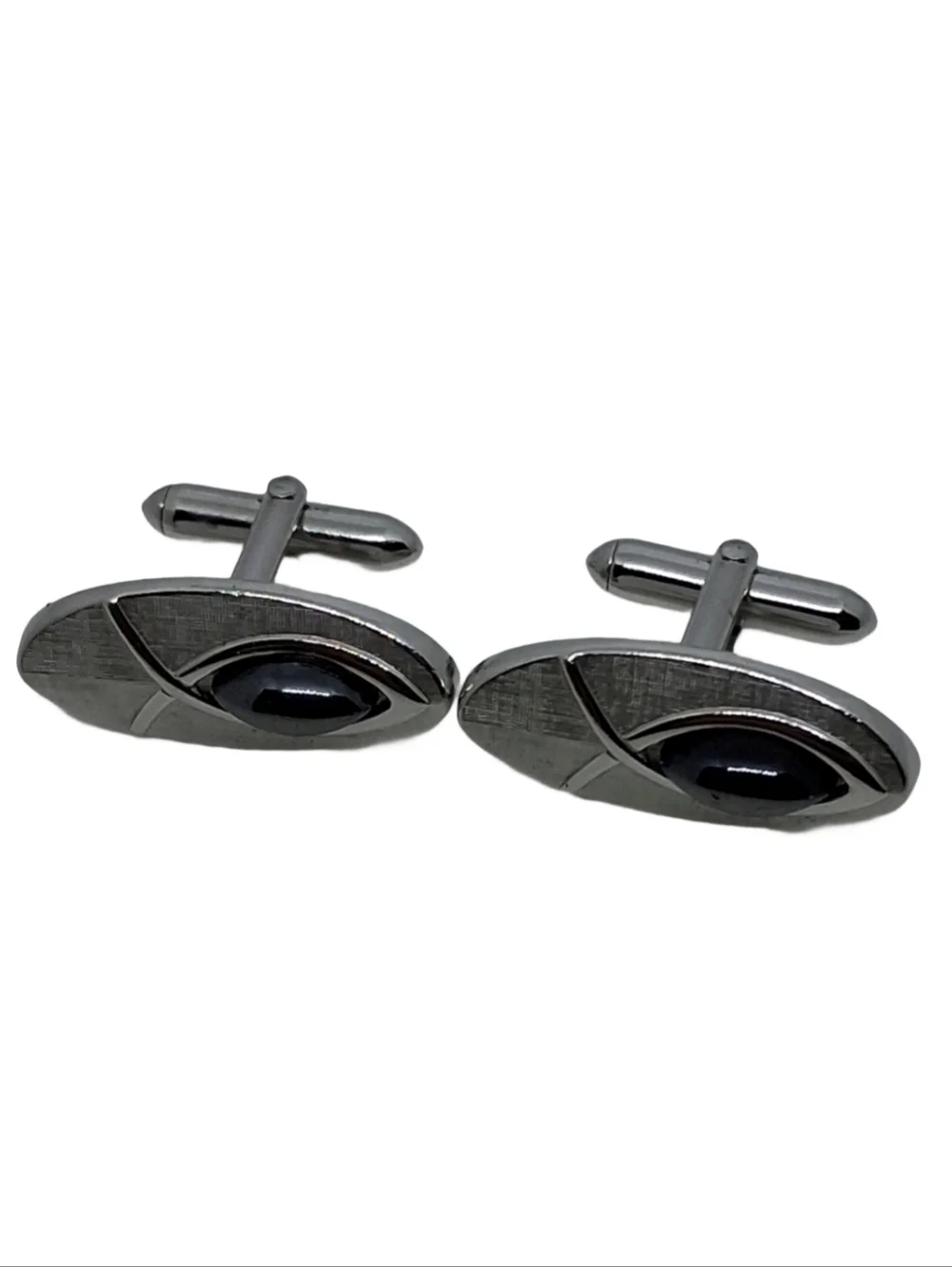 SWANK Vintage Brushed Silver Tone Jesus Fish Cufflinks Hematite Cabochon
